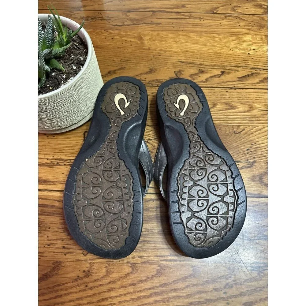 Olukai Size 6.5 M Silver Flip Flop Leather Men Shoes